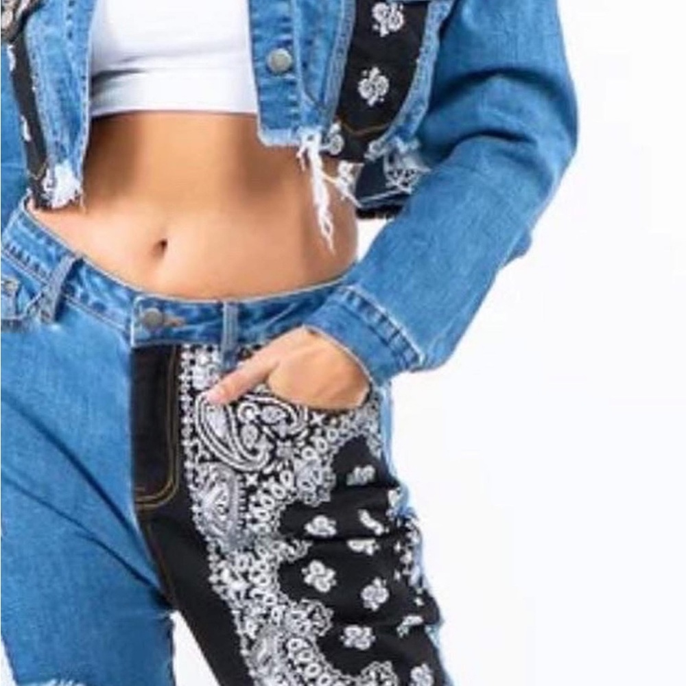 Denim and Bandana Patchwork Jacket and Jeans Set